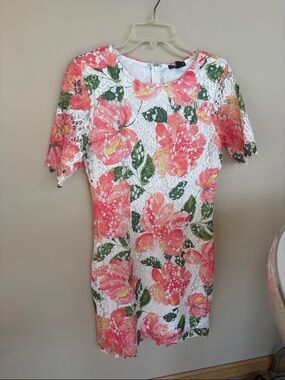 Nina Leonard White Lace Dress with Coral Pink Floral Print